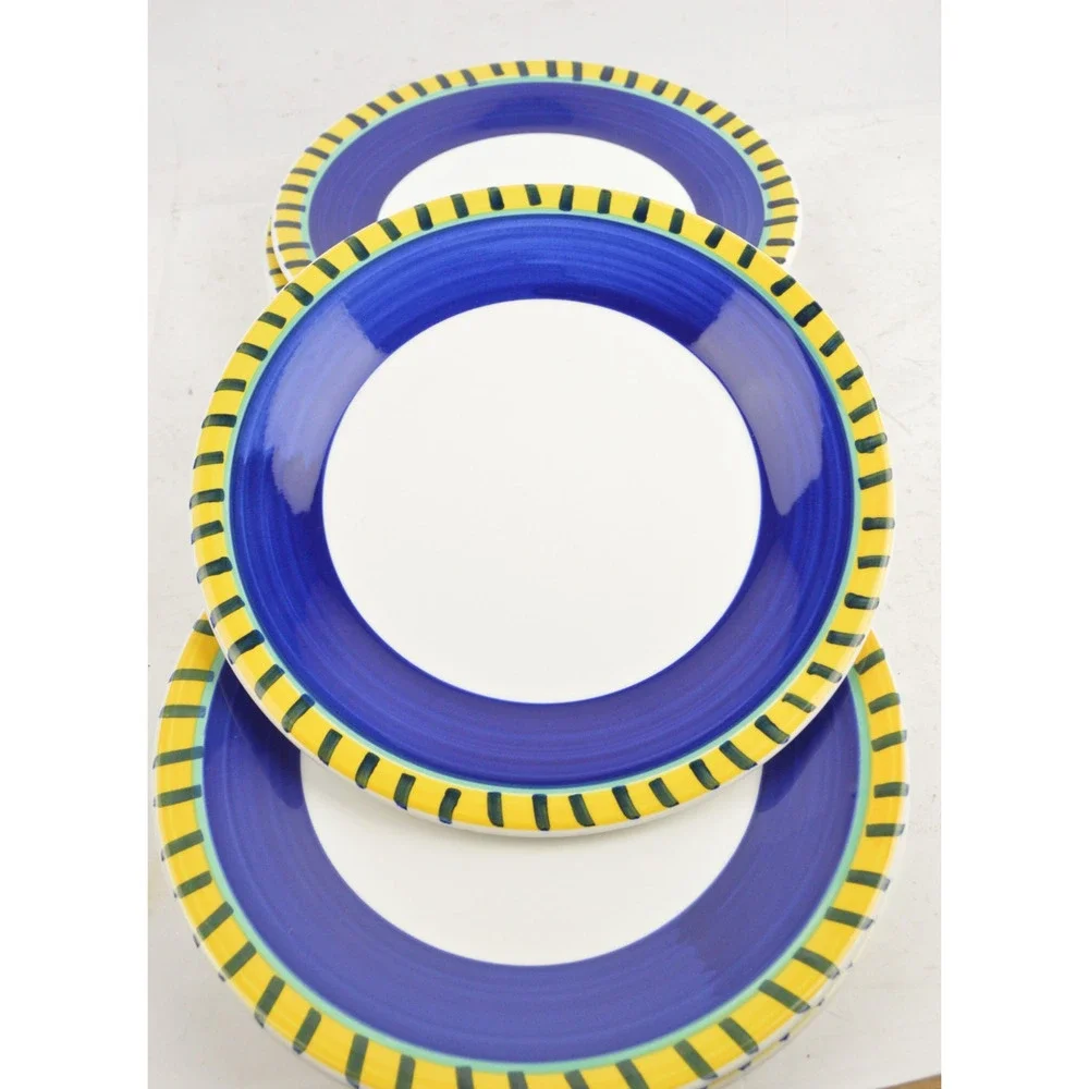 Pier 1 Italy Hand Painted Dinner Plates Set x7 Cobal Blue Yellow Striped 9 5/8